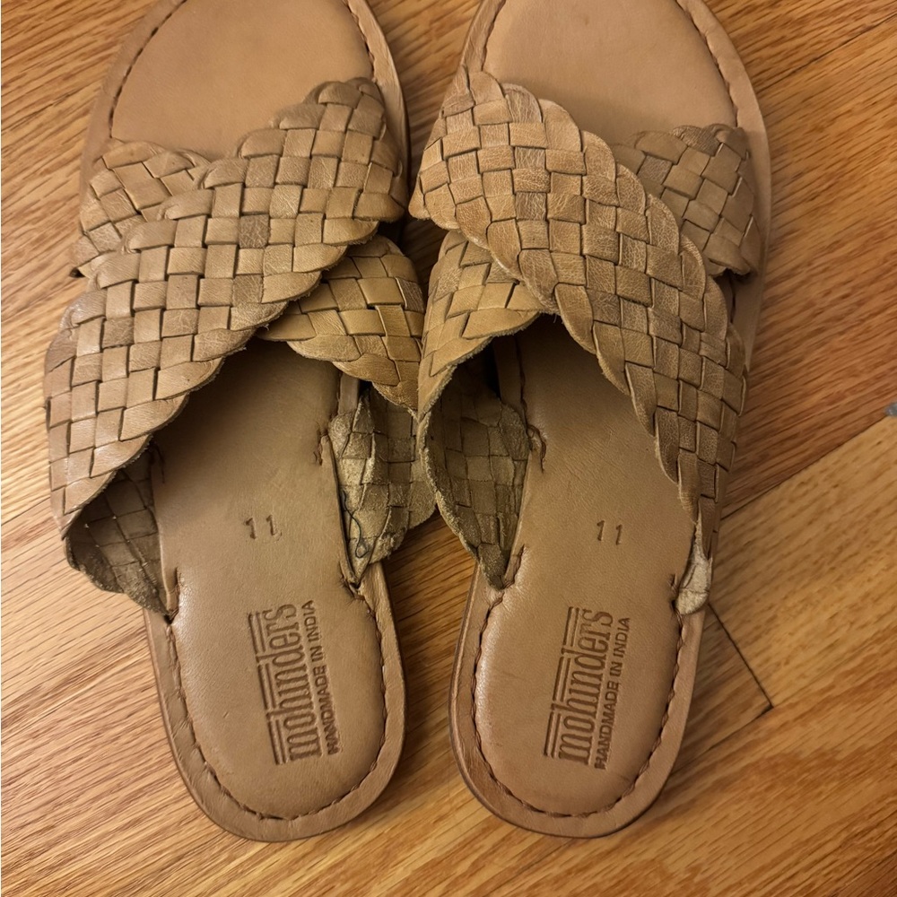 Handwoven Tan Leather Slide Sandals - Size 11